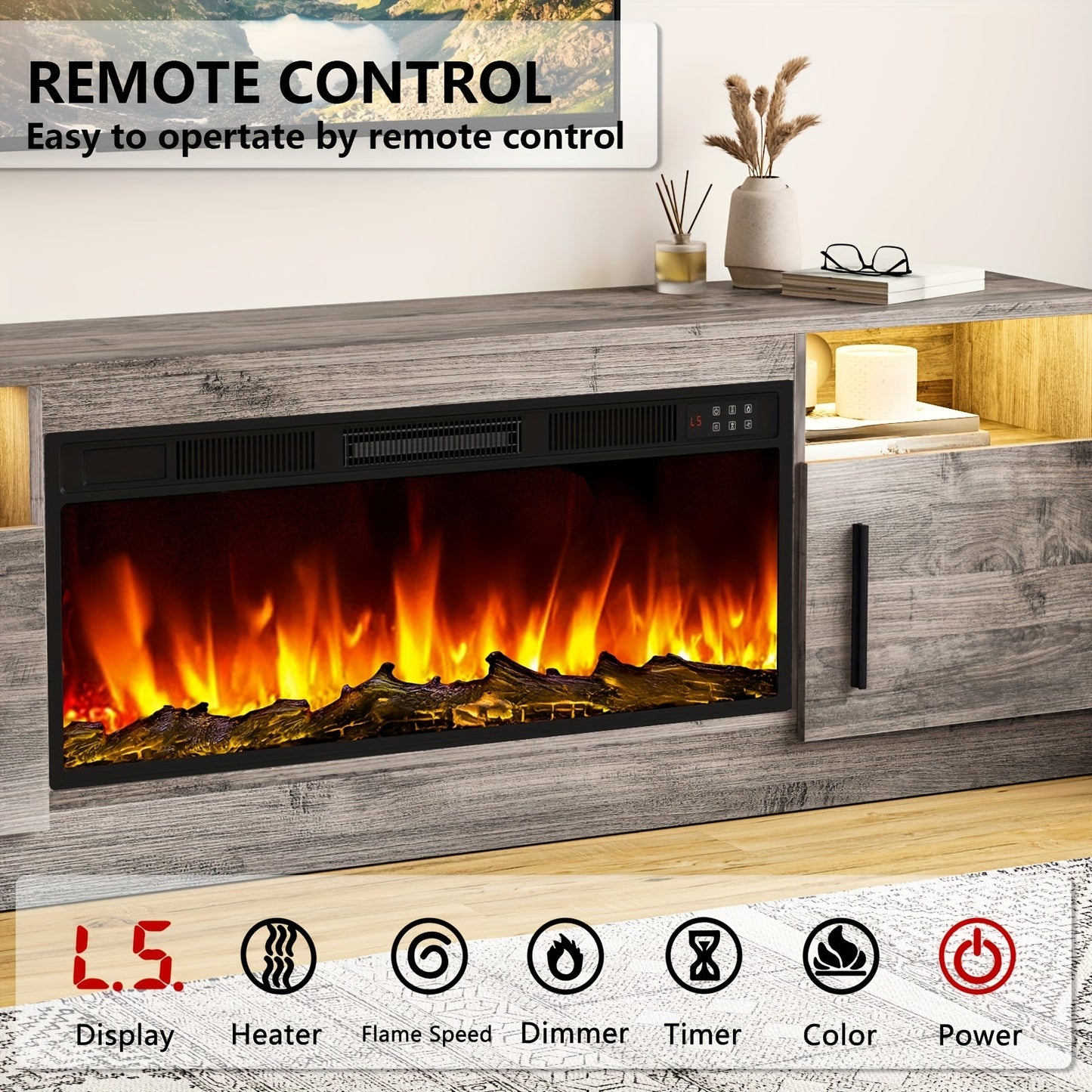 Fireplace TV Stand with 36-Inch Fireplace and LED Lights